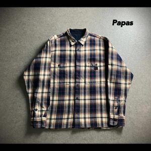 Papas パパス ダブルポケット チェック コットン ネルシャツ 日本製 ロゴワッペン スクエアポケット メンズ