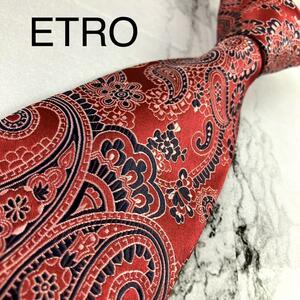 ETRO エトロ　ネクタイ　ジャガード　ペイズリー柄　レッド　刺繍　光沢