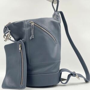 1円●美品●LOEWE ロエベ アントン バックパック リュックサック ポーチ付き ロゴチャーム ショルダーバッグ バッグ レザー ブルー 