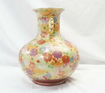 15★【中古】九谷焼 花瓶 耳つき 金彩 花器 花瓶 花入 色絵 耳付 花模様 約3.7kg 高さ約34.5cm★334N7　/3ｂ*_画像4