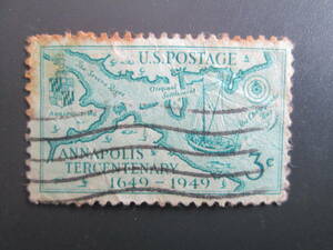 米国/アメリカ 　1949年 アナポリス300年記念　 6ｃ：1718年当時のアナポリス付近の地図とヨット　　1種　使用済み