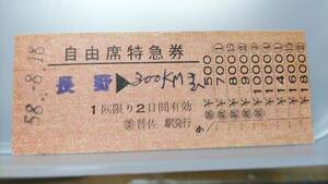 S1953-F 　（委）替佐駅発行　金額切断式　自由席特急券　昭58【 長野　→　300k迄　】