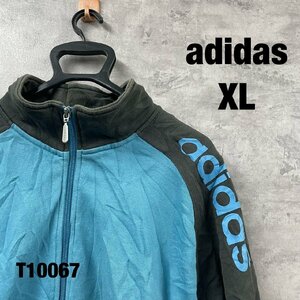 adidas ブルー ブラック ジップアップ スウェット トレーナー XL 袖ロゴ ラグラン サイドポケット 裏起毛 USA 海外輸入 古着 T10067