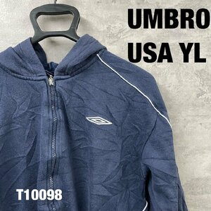 umbro ネイビー ジップアップ フーディー フード パーカー USA YL 長袖 刺〓ロゴ 裏起毛 キッズ USA 海外輸入 古着 T10098