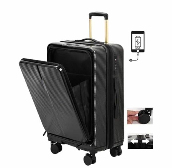 スーツケース キャリーケース 機内持ち込み フロントオープン 拡張機能付き ブラック