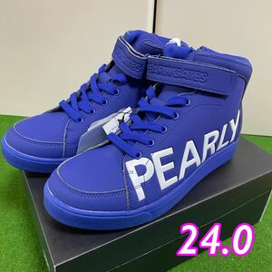 [ new goods unused ]PEARLY GATES Pearly Gates * side Logo middle cut shoes 24.0cm golf shoes blue yellow color spike 