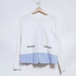  Chesty Chesty long sleeve sweater size F - white × blue lady's crew neck / stripe /biju- tops 