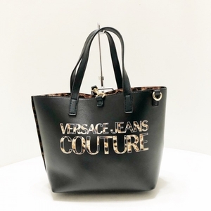 ヴェルサーチジーンズ VERSACE JEANS COUTURE トートバッグ - レザー 黒×ブラウン×アイボリー リバーシブル/豹柄 美品 バッグ