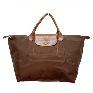  Long Champ LONGCHAMP handbag ru*p rear -ju original nylon × leather dark brown × Brown bag 