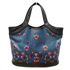  Anna Sui ANNA SUI tote bag - PVC( salt . vinyl )× leather black × blue × multi stripe / floral print bag 