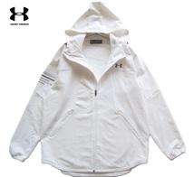 美品!!アンダーアーマー UNDER ARMOUR*ロゴプリント フード付き 立ち襟ストレッチナイロンZIPジャケット XXL 白 大きいサイズ_画像1