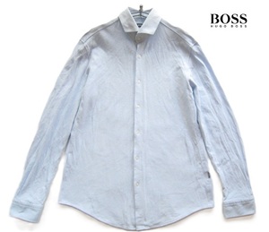 極上!!ヒューゴボスHUGO BOSS*SLIM FIT ロゴタグ付き コットン鹿の子ドレスシャツ XL 水色 大きいサイズ