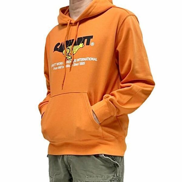 中古 Carhartt Work in Progress カーハート ワークインプログレス WIP ヒョウ チーター アニマル ブランドロゴ パーカー オレンジ Sサイズ