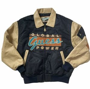 ■超希少■Guess■OLD■80s■スタジャン■ヴィンテージ■ジャケット■ブルゾン■ブラック■スタジアムジャンパー■ベージュ■牛革■古着