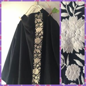 handmade::花柄刺繍テープブラックウールコート：北欧英国ハンドメイド黒ジャケットコットンボタニカルトップスアシンメトリーロング毛綿