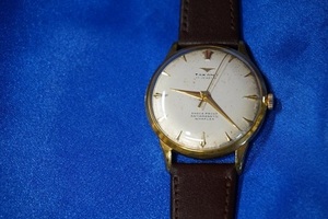★貴重品6★日本製、幻の時計メーカー・タカノ手巻腕時計、1958年製造、金張りケース、17石入り、分解掃除済み、風防交換、リューズ交換、