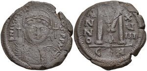 １円スタート! ★ビザンチン帝国,ユスティニアヌス1世(527-565 AD) フォリス 青銅貨★アンティーク コイン