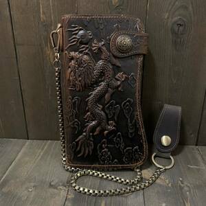  high class cow original leather # Carving Biker z wallet purse #k Lazy hose leather # dragon F Conti . leather long wallet wallet chain attaching 