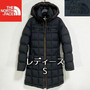 美品人気 ノースフェイス ロゴ刺繍 ダウンコート レディースS フード着脱可能 The North Face ブラック 黒