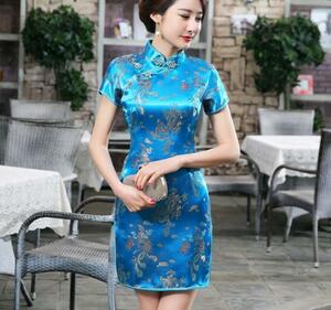 [ new goods ] 4XL cobalt blue satin China dress .... China clothes sexy One-piece dress kyaba Halloween ##239