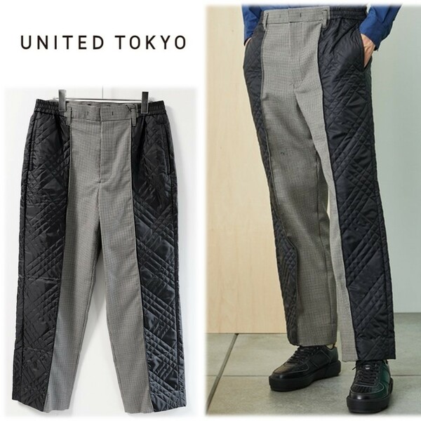 《UNITED TOKYO ユナイテッド トウキョウ》新品 定価33,000円 ウエストゴム キルティング切り替え 千鳥格子柄ウールパンツ 3(W82~84)A9412