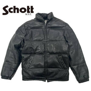 【訳あり】 Schott ショット レザーダウンジャケット （サイズ34） 本革 ラムレザー 肉厚 メンズ ブラック