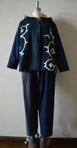 ※着物リメイク/藍染と縞木綿のサルエルパンツ・布団の側・古布※