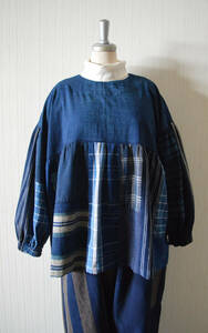 ※着物リメイク/藍染襤褸・バルーン袖のギャザーブラウス・縞格子木綿・古布※