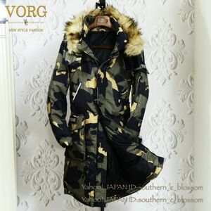 新品□Premium Down 90% 迷彩柄 ダウンコート 緑 XXXL ■CAMO 紳士 メンズ ダウンジャケット ロングコート アウター ファー フード着脱/