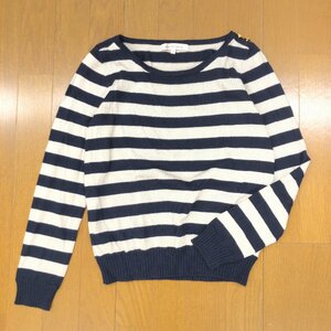 UNITED ARROWS GLR ユナイテッドアローズ ボーダー ウール ニット セーター 38(M) ベージュ×ネイビー 長袖 金ボタン 国内正規品 女性用