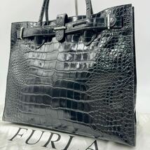 1円〜【希少モデル/未使用級】FURLA フルラ メンズ トートバッグ A4 大容量 ハンド ビジネスバッグ クロコ型押し レザー 本革 ブラック 黒_画像1