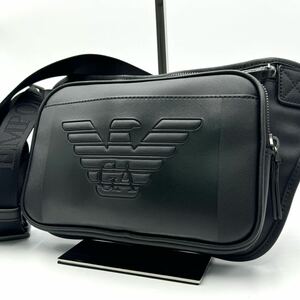 1円〜【極美品】EMPORIO ARMANI エンポリオアルマーニ メンズ ウエストバッグ ボディバッグ 斜め掛け デカロゴ レザー 本革 ブラック 黒