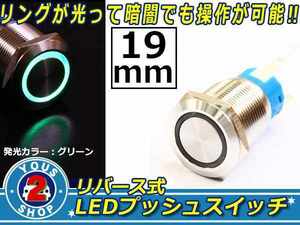 メール便送料無料 緑LED 19φ 防滴 LEDリング メタルプッシュ スイッチ/12V