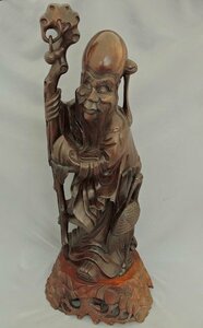 木製 60cm 桃仙人 福禄寿 寿老人 木彫り 彫刻 置物 インテリア 中古 中国　