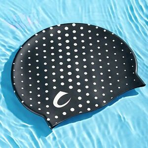 【プールに映える！】スイムキャップ花柄《ドット白×黒》swimming cap　柔らかシリコン素材　黒地