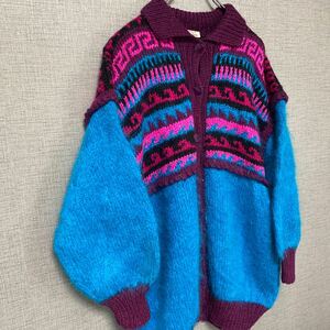 70s 80s モヘア mohair ウール ニット セーター カーディガン 毛足長め ユーロ USA ビンテージ ヴィンテージ ネイティブ ハンドニット 波柄