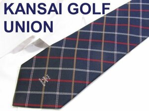 【ご当地 ゴルフ】C 730 関西ゴルフユニオン ネクタイ NISHIJIN KANSAI GOLF UNION 紺系 チェック柄 ジャガード