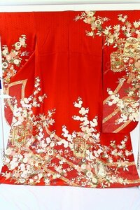 【着物フィ】本振袖/朱茶色/友禅染め/吉祥/身丈167cm/トールサイズ/成人式/結婚式/正絹/仕立て上り 15540