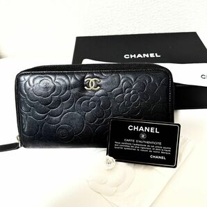 シャネル　CHANEL カメリア　財布　長財布　ココマーク　ラムスキン　ラウンドファスナー