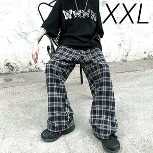 【2LX】チェック柄ワイドパンツ メンズ ブラック 黒 原宿系 韓国 ユニセックス