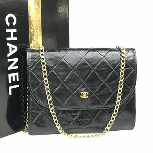 【1円～】シャネル CHANEL バッグ グレインショルダーバッグ ミニマトラッセ プッシュロック ラムスキン レザー ゴールド金具 黒 中古