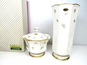 ◆未使用◆ Noritake lvory china ノリタケ アイボリー チャイナ 花瓶 ＆ シュガーポット セット 花器 インテリア 白 花柄 金縁 保管品 