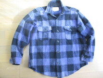 ■70's メルトン/ MELTON ブロックチェック ウールシャツジャケット ブルー系 L表記_画像1