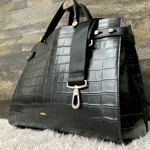 1円〜 極美品 希少 FURLA フルラ ビジネスバッグ トートバッグ ショルダー 2way クロコ レザー 本革 ゴールド金具 黒 ブラック A4 メンズ 