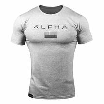 【XL-size】ALPHA★Tシャツ 米グレー /筋トレ/sport/training/服/GYM SHARK/wear/ボディビル/ゴールド/ジム/メンズ/トレーニング/ウェア/_画像1