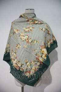 INGEBORG / flower & check pattern large size scarf green I-24-02-07-155-LO-ZA-HD-ZI