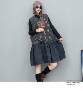 lg ワンピース ロングチュニック 刺し子 襤褸 アンティーク風 トップス 洋服ミックス ロマンファッション 和服 袖なし 綿100％