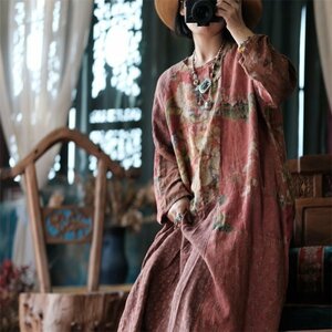 lgn 1887 ロングワンピース チュニック 襤褸 アンティーク風 洋服ミックス ロマンファッション 縫い合わせ 麻100％リネン 花柄