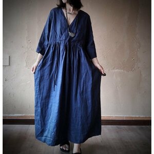 lgn 1636 ロングワンピース Vネック 襤褸 アンティーク風 洋服ミックス ロマンファッション ポップ 楽ちん 麻100％ リネン ネイビー