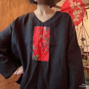 lgチュニック トップス 刺し子 襤褸 アンティーク風 洋服ミックス ロマンファッション ポップ 楽ちん Vネック 麻100％ ブラック